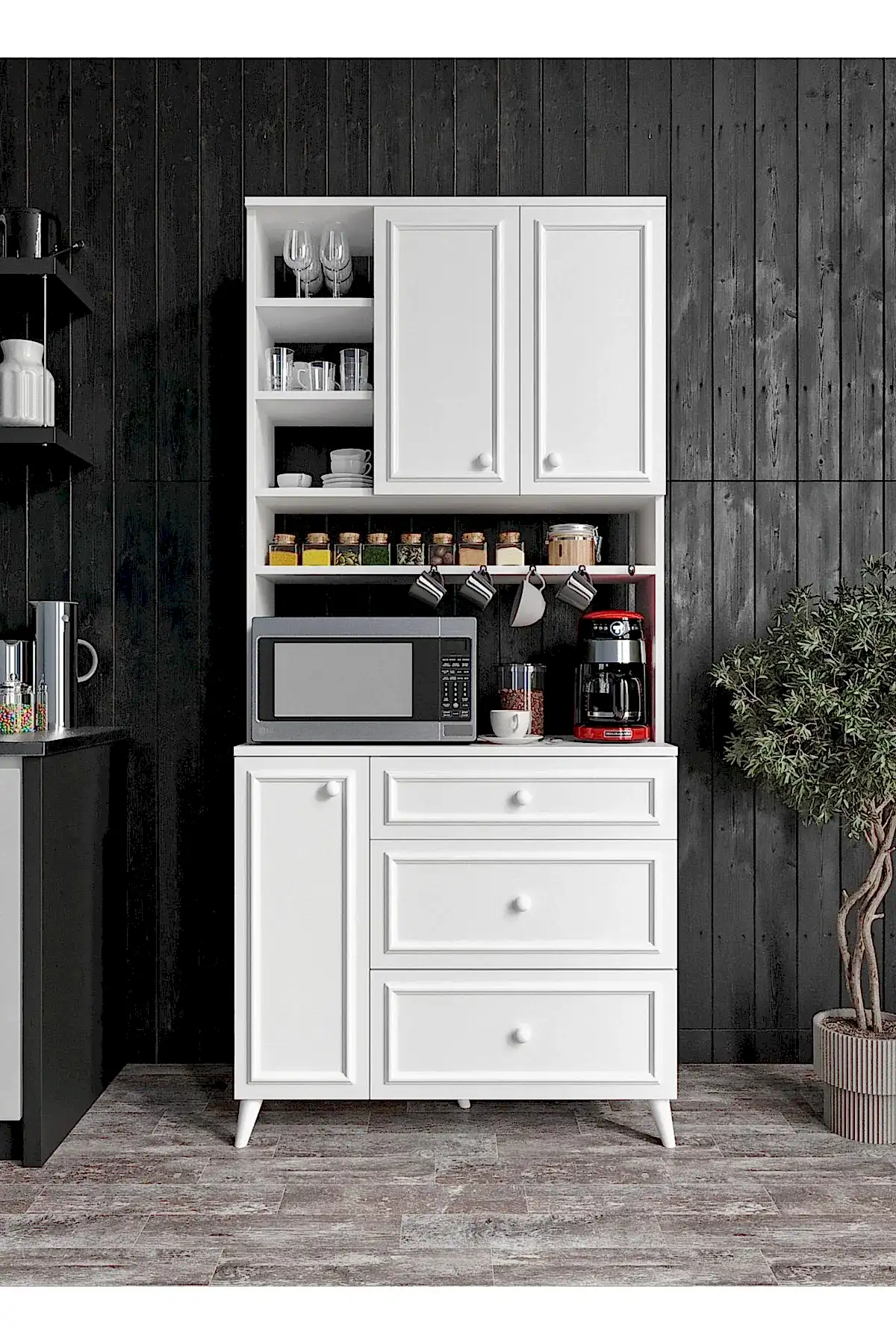 KZNMOB HOME Stella Country Kahve Köşesi Beyaz-Meşe 90cm, Erzak Dolabı, Kiler Dolabı, Çok Amaçlı Mutfak Dolabı