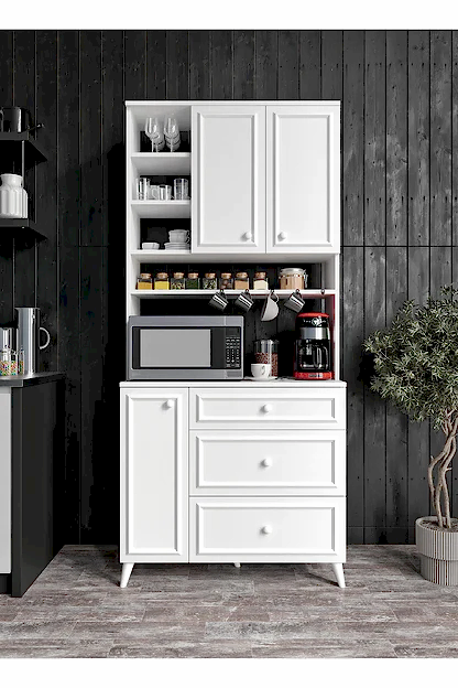 KZNMOB HOME Stella Country Kahve Köşesi Beyaz-Meşe 90cm, Erzak Dolabı, Kiler Dolabı, Çok Amaçlı Mutfak Dolabı