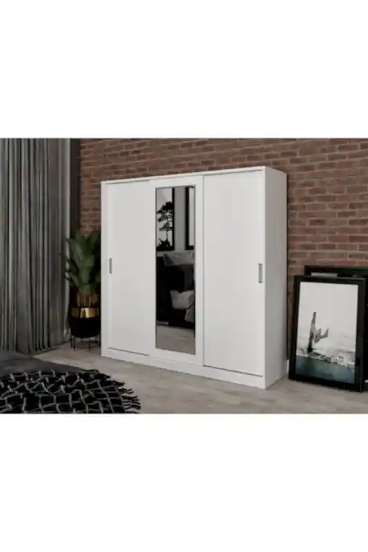 KZNMOB HOME Beyaz Samira Mdf Sürgülü Aynalı Gardrop Elbise Dolabı 3 Kapılı