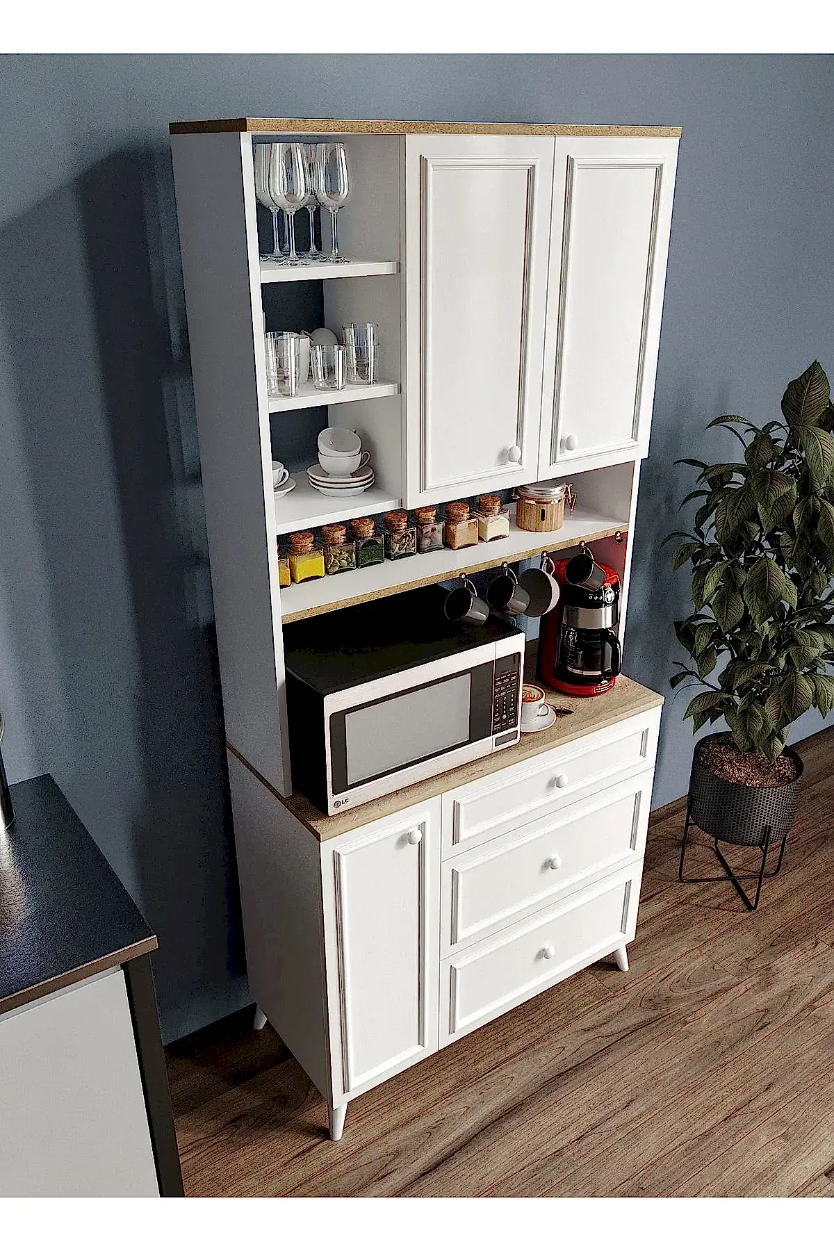 KZNMOB HOME Stella Country Kahve Köşesi Beyaz-Meşe 90cm, Erzak Dolabı, Kiler Dolabı, Çok Amaçlı Mutfak Dolabı