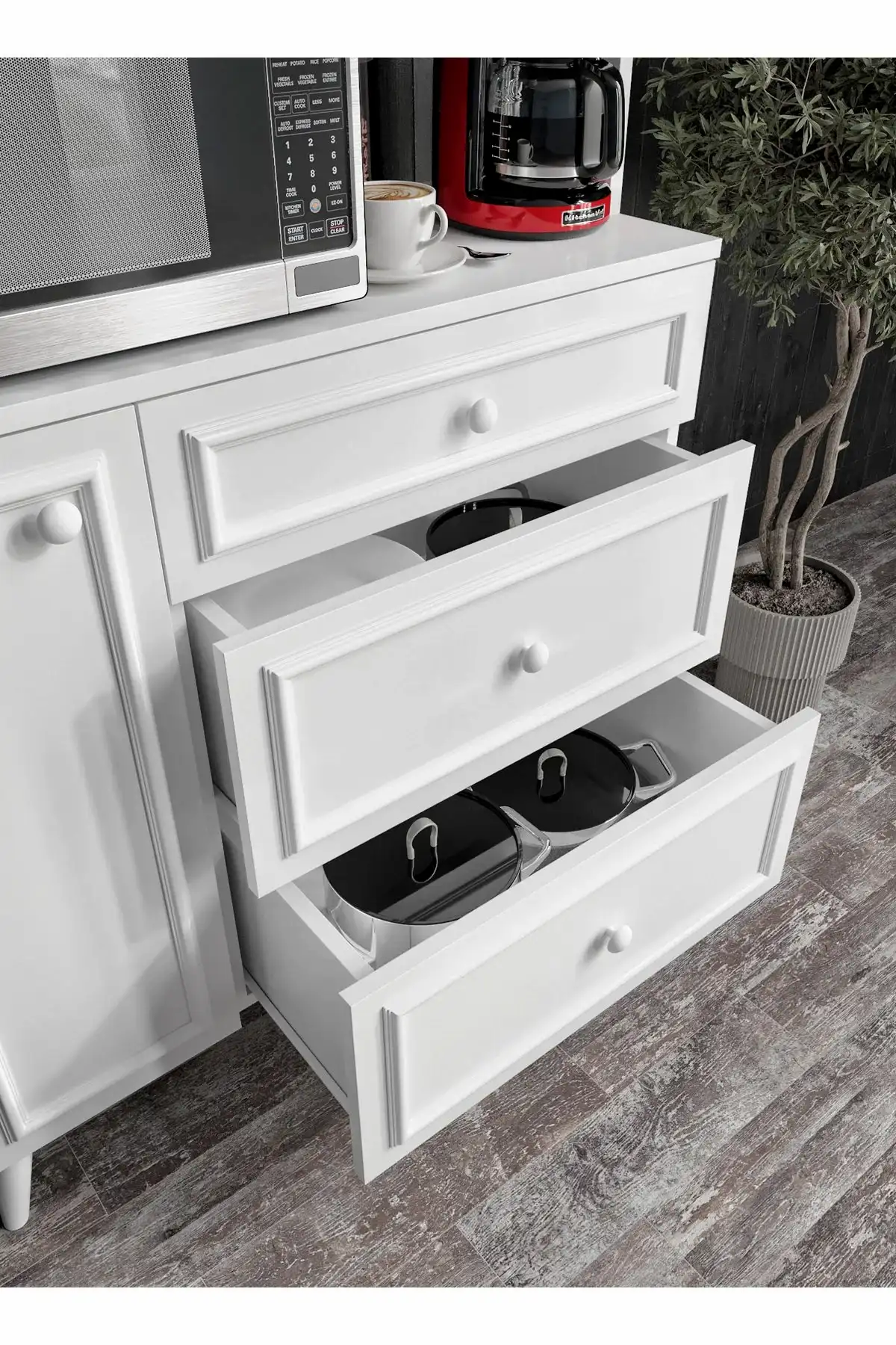 KZNMOB HOME Stella Country Kahve Köşesi Beyaz-Meşe 90cm, Erzak Dolabı, Kiler Dolabı, Çok Amaçlı Mutfak Dolabı