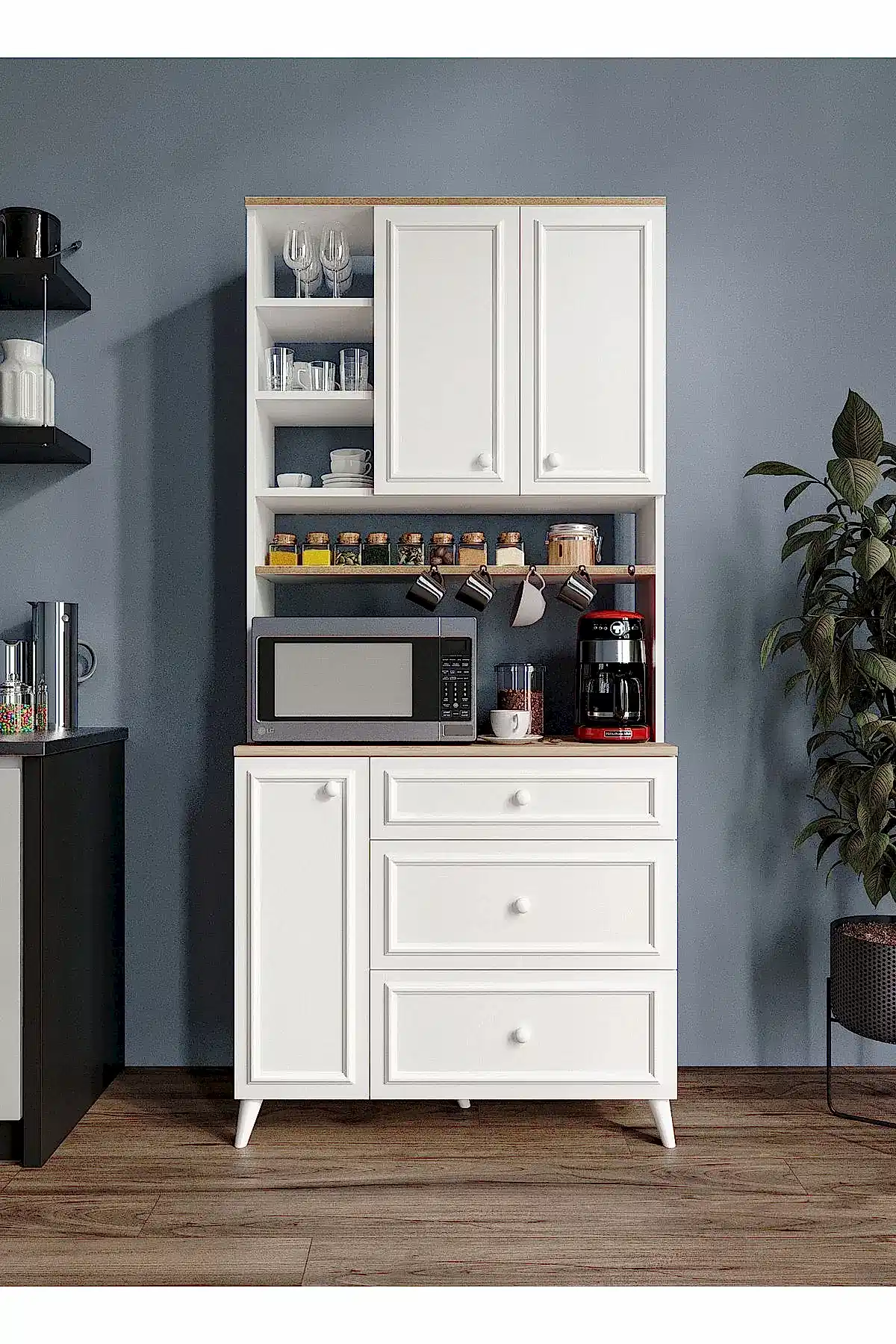 KZNMOB HOME Stella Country Kahve Köşesi Beyaz-Meşe 90cm, Erzak Dolabı, Kiler Dolabı, Çok Amaçlı Mutfak Dolabı