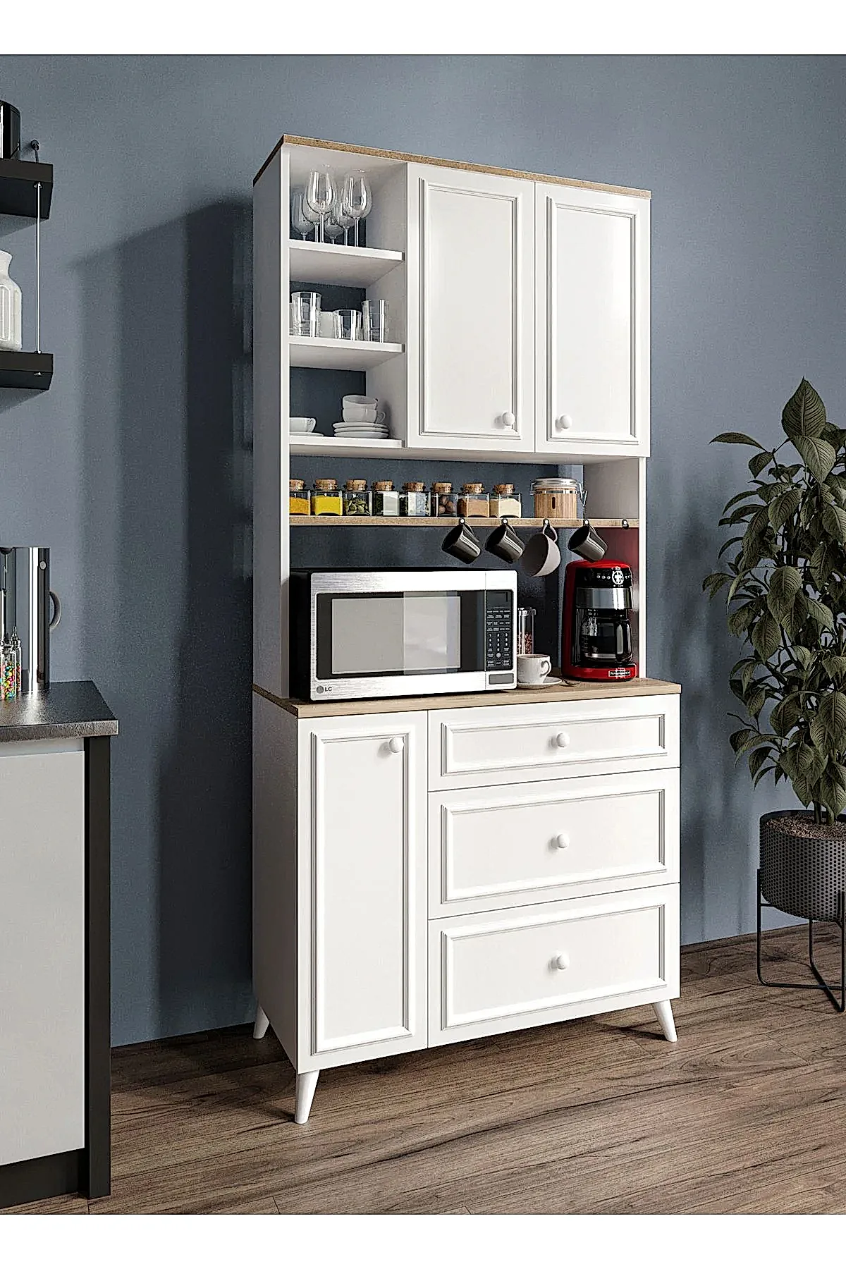 KZNMOB HOME Stella Country Kahve Köşesi Beyaz-Meşe 90cm, Erzak Dolabı, Kiler Dolabı, Çok Amaçlı Mutfak Dolabı
