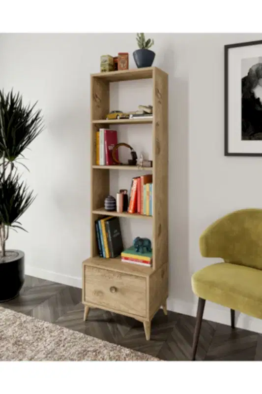KZNMOB HOME Akasya Çekmeceli Kitaplık Meşe Mdf
