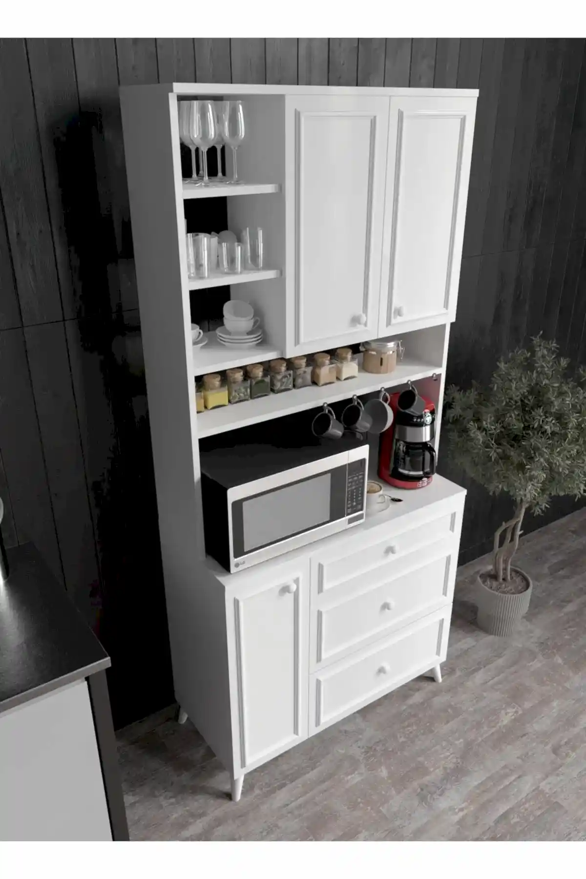 KZNMOB HOME Stella Country Kahve Köşesi Beyaz-Meşe 90cm, Erzak Dolabı, Kiler Dolabı, Çok Amaçlı Mutfak Dolabı