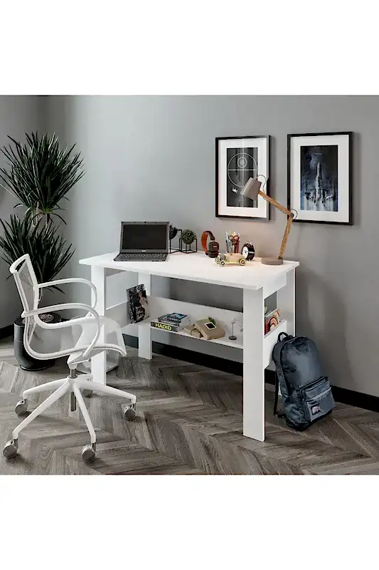 KZNMOB HOME Study Raflı Çalışma Masası Bilgisayar Masası Ofis Masası Beyaz - Tamamı 1. Kalite Mdf