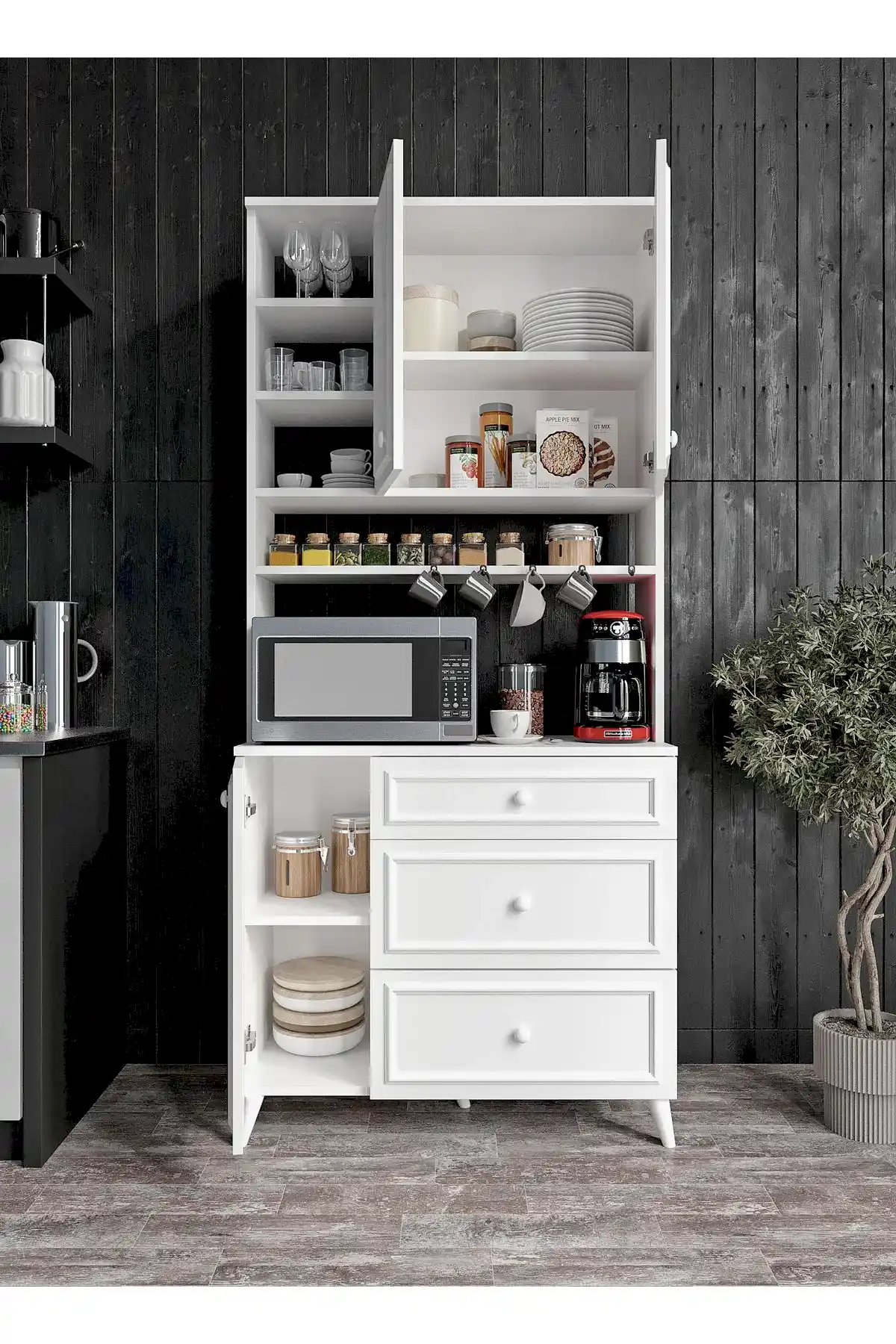 KZNMOB HOME Stella Country Kahve Köşesi Beyaz-Meşe 90cm, Erzak Dolabı, Kiler Dolabı, Çok Amaçlı Mutfak Dolabı