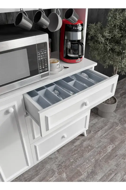KZNMOB HOME Stella Country Kahve Köşesi Beyaz-Meşe 90cm, Erzak Dolabı, Kiler Dolabı, Çok Amaçlı Mutfak Dolabı