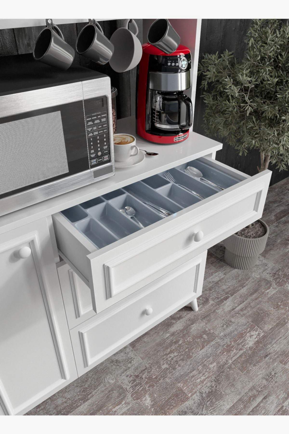 KZNMOB HOME Stella Country Kahve Köşesi Beyaz-Meşe 90cm, Erzak Dolabı, Kiler Dolabı, Çok Amaçlı Mutfak Dolabı