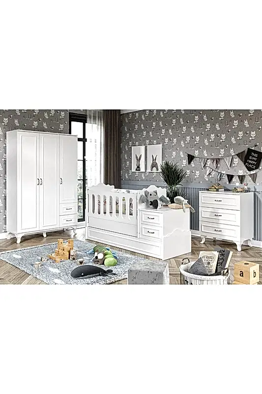 KZNMOB HOME Kartopu Country Tarzı Bebek Odası Takımı Beyaz - 3 Parçalı Tamamı 1. Kalite Mdf