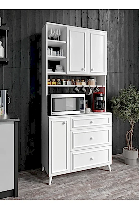 KZNMOB HOME Stella Country Kahve Köşesi Beyaz-Meşe 90cm, Erzak Dolabı, Kiler Dolabı, Çok Amaçlı Mutfak Dolabı