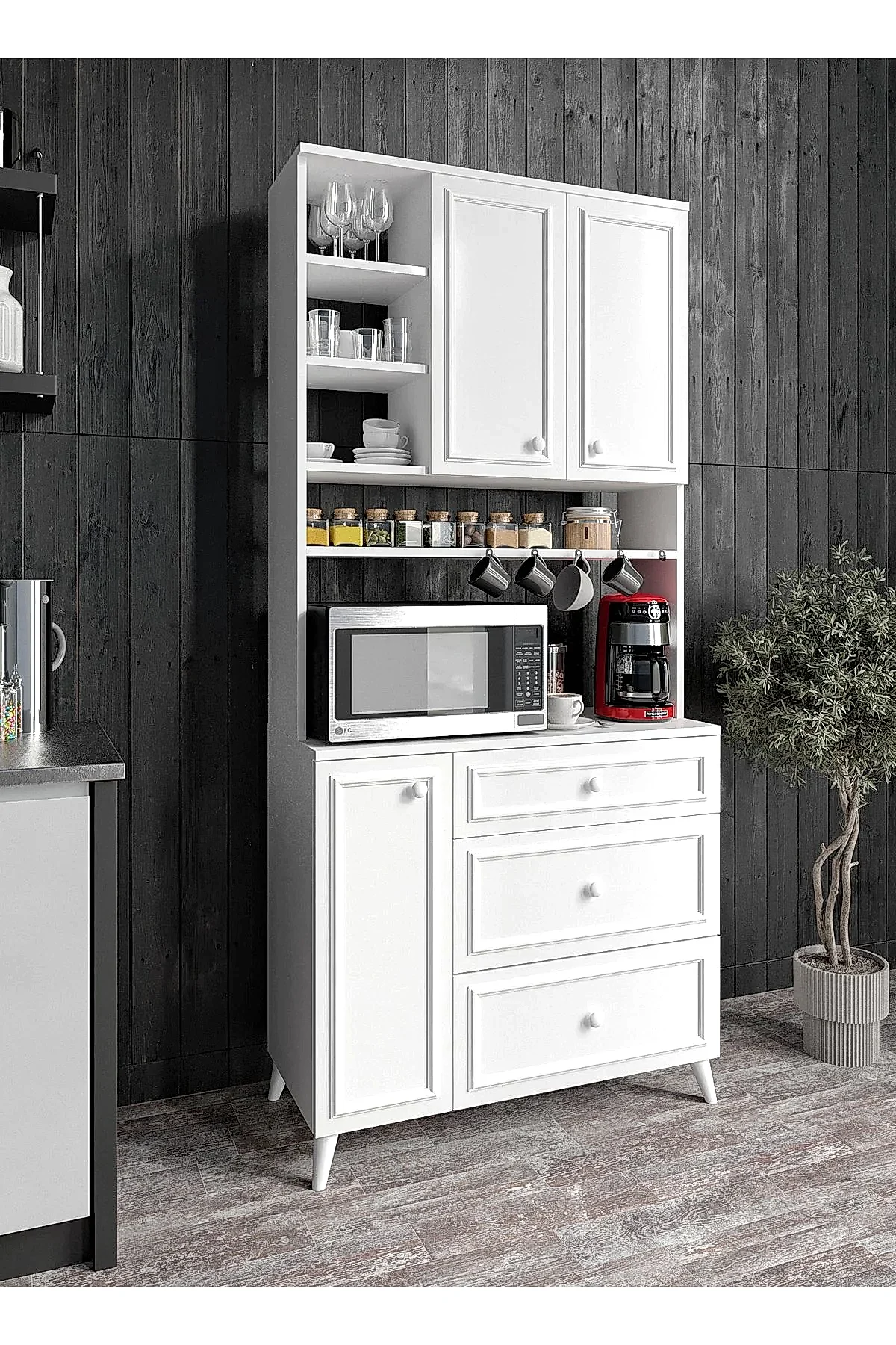 KZNMOB HOME Stella Country Kahve Köşesi Beyaz-Meşe 90cm, Erzak Dolabı, Kiler Dolabı, Çok Amaçlı Mutfak Dolabı