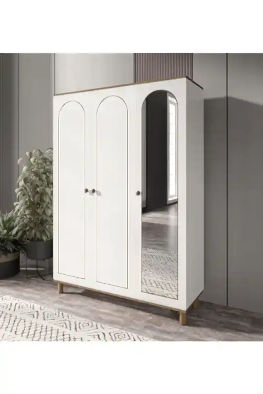 KZNMOB HOME 3 Kapaklı 2 Çekmeceli Aynalı Bohem Gardırop, Elbise Dolabı Beyaz - Tamamı 1. Kalite MDF
