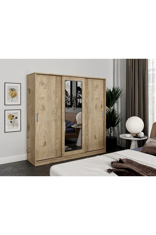 KZNMOB HOME Samira 3 Kapaklı Sürgülü Aynalı Gardrop Elbise Dolabı - Tamamı Meşe Mdf