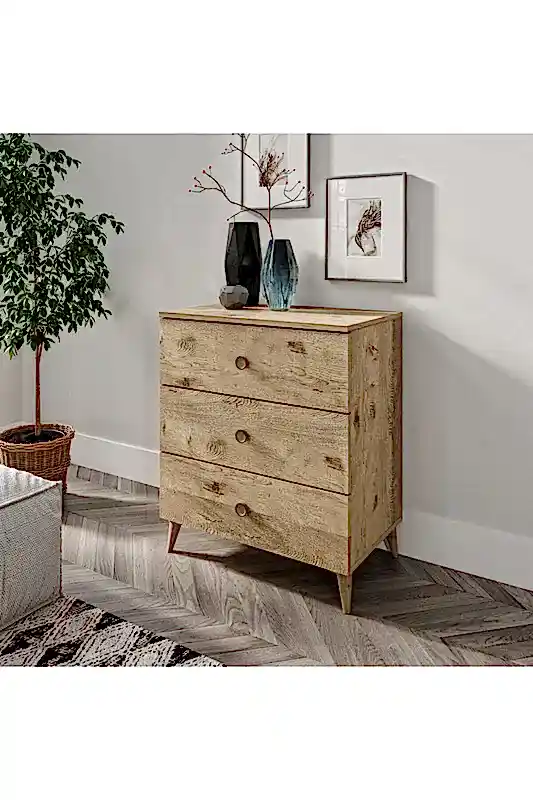 KZNMOB HOME Gardenya 3 Çekmeceli Meşe Şifonyer - Tamamı 1. Kalite Mdf
