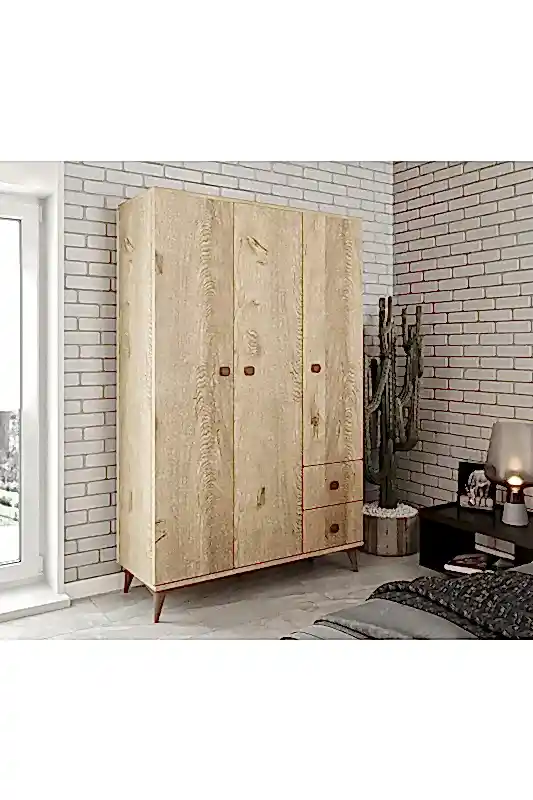 KZNMOB HOME Akasya 3 Kapaklı 2 Çekmeceli Mdf Gardrop Elbise Dolabı Meşe - Tamamı 1. Kalite Mdf