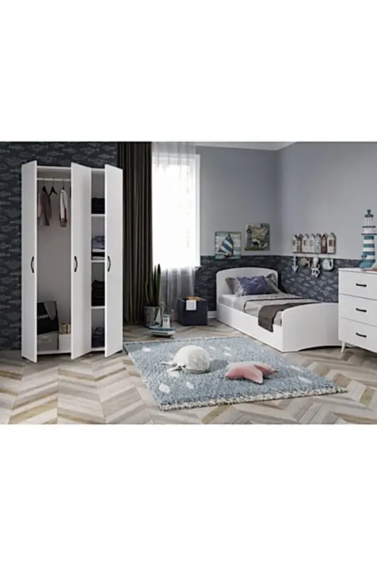 KZNMOB HOME Soft Çocuk Odası Takımı Beyaz - Karyola, 3 Kapaklı Gardırop, 3 Çekmeceli Şifonyer Tamamı Mdf