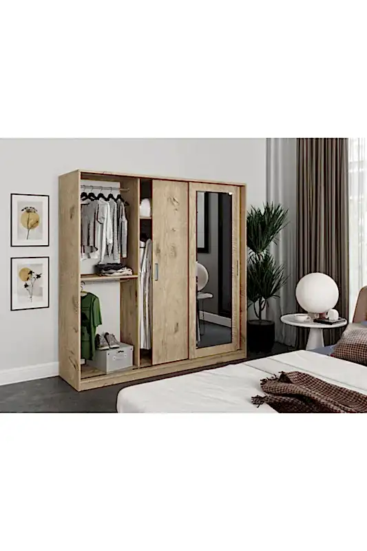 KZNMOB HOME Samira 3 Kapaklı Sürgülü Aynalı Gardrop Elbise Dolabı - Tamamı Meşe Mdf