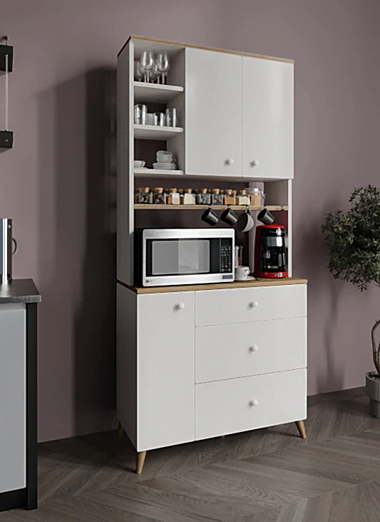 KZNMOB HOME Stella Kahve Köşesi Dolabı Beyaz-Meşe 90cm, Erzak Dolabı, Kiler Dolabı